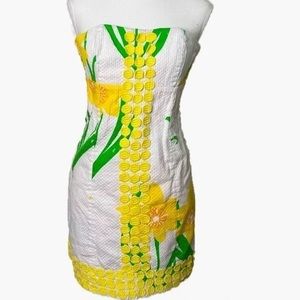 RARE LILLY PULITZER Strapless Dress in Daffodil Print with Lace Detailing size 4